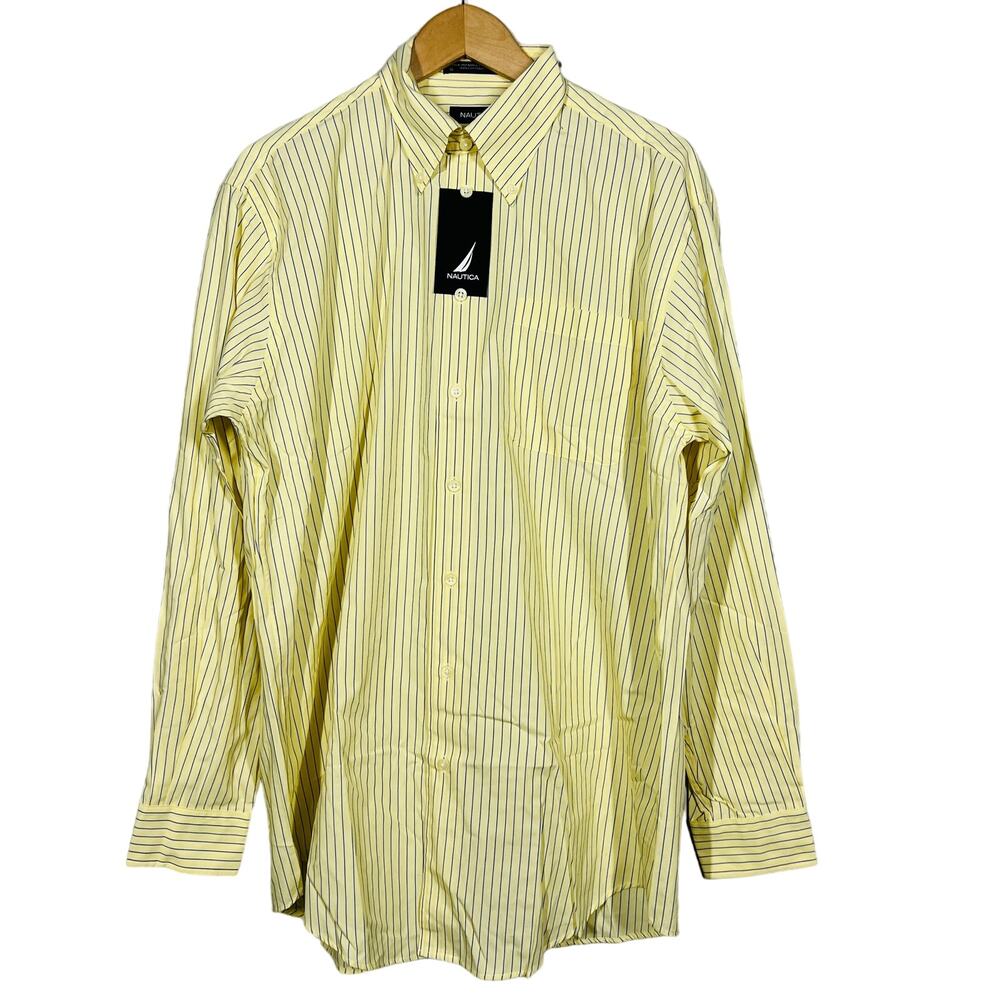 NEW! Nautica Button Up Dress Shirt Long Sleeve Stripe Yellow - 16 - 34/35